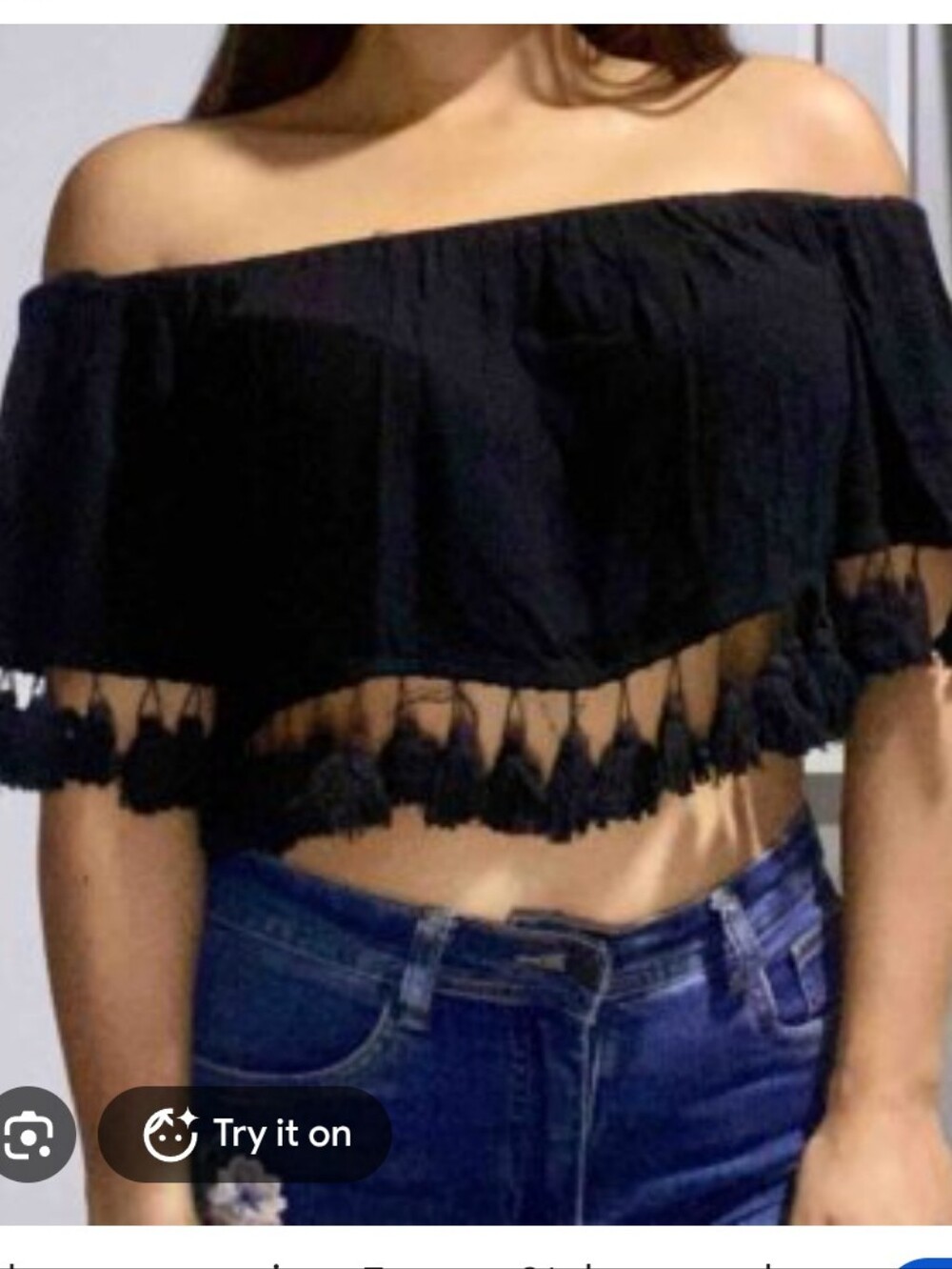 Forever 21 Black Off-Shoulder Tassel Hem Crop Top